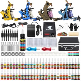 Solong Complete Tattoo Kit 4 Pro Machine Guns 54 Inks Power Supply Foot Pedal Needles Grips Tips Carry Case TK456-US（Machine color random）