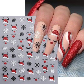 6 Sheets Christmas Nail Stickers for Nail Art, Christmas Glitter Santa Hat Nail Decals Cute 3D Self-Adhesive Red Green Elk Snowflake Santa Hat Xmas Nail Art Supplies Stickers for DIY Winter Nail Decor