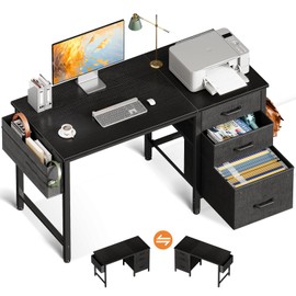 Casaottima 40-Inch Small Computer Desk with Fabric Drawers & File Cabinet, Home Office Desk with Cloth Storage Bag and Hook, Writing Study Work Table for Small Space, Vanity Desk for Bedroom, Black