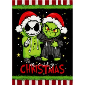 Covido Merry Christmas Decorative Garden Flag, Xmas Jack Skellington Green Yard Outside Decorations, Funny Winter Holiday Farmhouse Outdoor Small Burlap Home Decor Double Sided 12 x 18