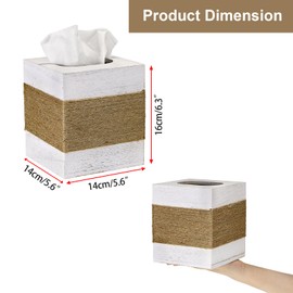 Kokone Rustic Square Tissue Box Cover with Magnetic Base, Retro Cube Tissue Holder Case Vintage Wooden Tissue Box with Hemp Rope Decor, Farmhouse Countertop Tissue Cube Dispenser for Bedroom Bathroom