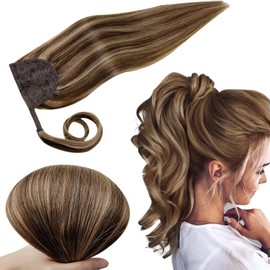 RUNATURE Human Hair Ponytail Extension Dark Brown Highlight Honey Blonde Ponytail Hair Extensions Real Human Hair Clip in Ponytail Straight 20 Inch 80 Gram