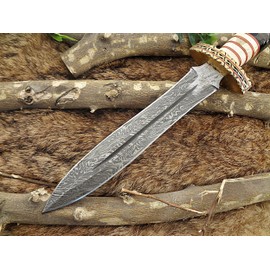 14.5" Long Damascus Steel Dagger Knife Hand Forged 8" Dual Edge,Exotic Scale Crafted with Engraved Brass Finger Guard Camel Bone, Sheath