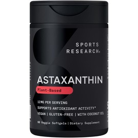 Sports Research Triple Strength Vegan Astaxanthin Supplement from Algae - Plant Based Softgels - Non-GMO Verified, Made with Coconut Oil - 12mg, 60 Count
