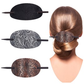 NICENEEDED Pack of 3 Leather Hair Clips with Rod Oval Hair Clip with Ponytail Holder Stylish Bun Holder