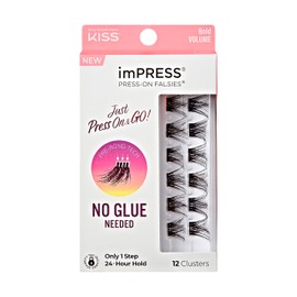 KISS imPRESS False Eyelashes, Lash Clusters, Falsies, Bold Natural', 12mm-14mm, Includes 12 pieces of pre-bonded lashes, Contact Lens Friendly, Easy to Apply, Reusable Strip Lashes