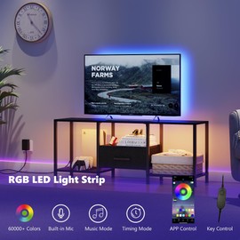 JARHETUN TV Stand with LED Lights, Entertainment Center with Open Shelves and Fabric Drawer, Media Console for 55 Inch TV, Television Stands for Living Room, Bedroom, Black