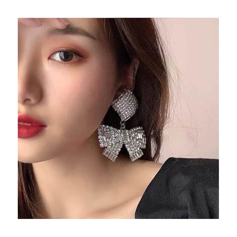 Rhinestone Big Bow Knot Sparkly Dangle Drop Earrings Post Stud