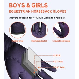 ChinFun Kids Leather Insulated Horse Riding Gloves Breathable Children Equestrian Gloves Anti-Slipping Horseback Mitts Purple L