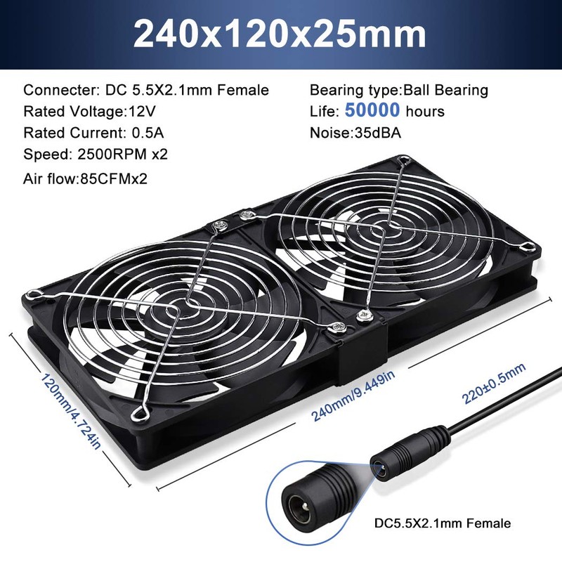 Wathai Big Airflow 2 x 120mm 240mm Computer Fan with