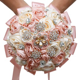 Mhojpik 9.8" Peach Pink & Cream Bridal Wedding Bouquet Round Bling Brooch Bouquet Throw Toss Artificial Rose Flower Bunch for Bride Bridesmaid Wedding Quinceanera