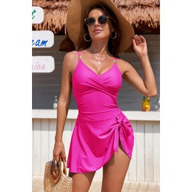 SHEKINI Women's One Piece Swimsuit Skirt Modest Tummy Control V Neck Push Up Bathing Suits Swimwear Twist Front Swim Dress Hot Pink