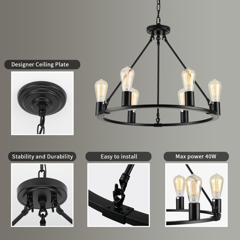 Senyshilon Black Chandelier, 6-Light Dining Room Light Fixture, Round Farmhouse