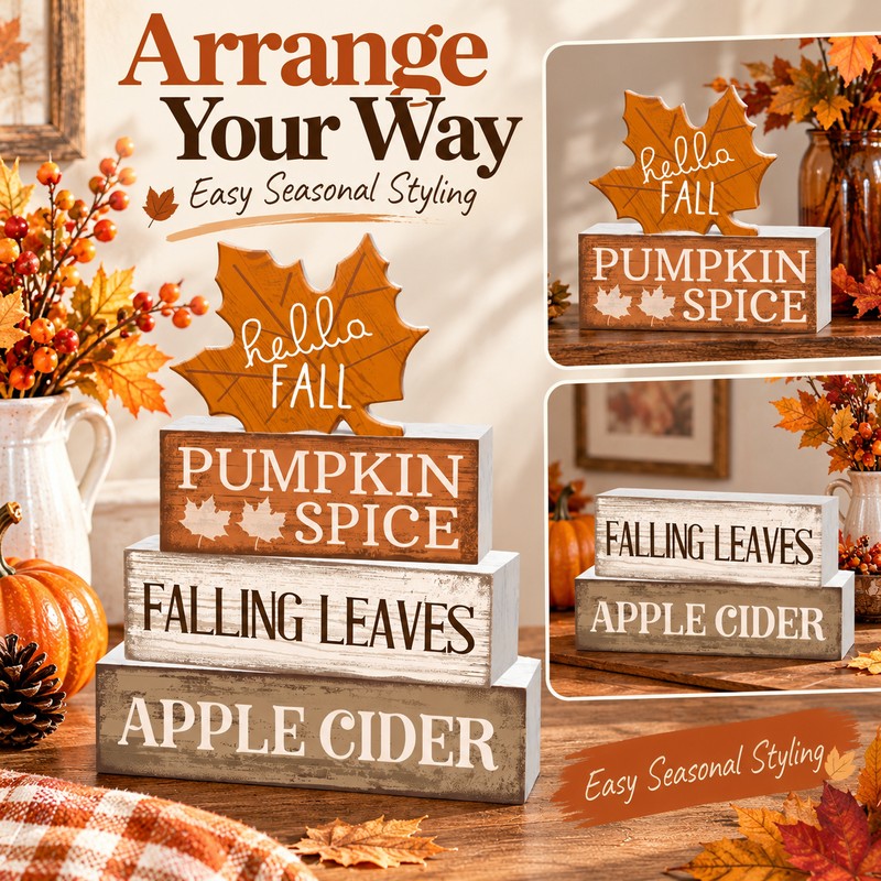 Wooden Fall Tabletop Decor for Seasonal Decorating – 4-Piece Maple