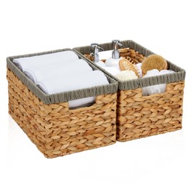 Edergoo Wicker Storage Basket, Water Hyacinth Storage Baskets with Built-in Handles, Large Wicker Baskets for Storage, 2 Pack Wicker Baskets for Organizing, Natural with Grey