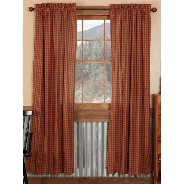 Victorian Heart 84" L Burgundy Dark Tan Check Window Curtains