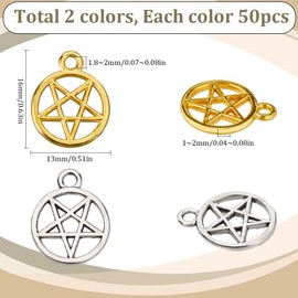 SUNNYCLUE 1 Box 100Pcs Small Pentagram Charm Silver Pentacle Charms Bulk Magic Gold Five Pointed Stars Tibetan Alloy Hollow Star Charm for jewellery Making Charms DIY Necklace Bracelet Earrings