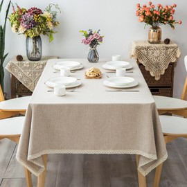 GLORY SEASON Textured Tablecloth Linen-Look Rustic Burlap Style Washable Solid Heavy Weight Lace Trim Rectangle Fabric Table Cloth,Table Cover for Kitchen Dinning Tabletop Decoration55x70 in Beige