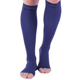 Doc Miller Calcetines de Compresión de Punta Abierta (1 par) 30-40 mmHg Medias de Compresión Para Ejercicio, Recuperación, Dolores, Varices, Mangas para Pantorrillas (Azul Oscuro, Grande Alto)