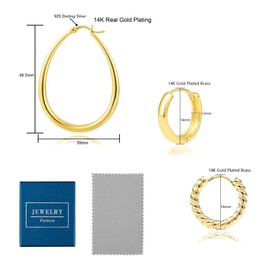 ALEXCRAFT 3 Pairs 14K Gold Huggie Hoop Earrings Set Twisted Oval Lightweight Hoops Earrings for Women with Sapphire Blue Box Storage