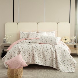 TISPLR Queen Size Quilt Floral 3 Pieces Soft Microfiber Lightweight Bedspread Queen Quilt Bedding Set Garden Style Pink Botanical Flowers Quilt Set for All Seasons 1 Quilt and 2 Pillow Shams