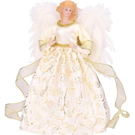 MACTING 12'' Angel Tree Topper with White Feather Wings and Gold Skirt, Christmas Tree Topper with LED Light for Tree Toppers Holiday Ornament Decorations, Gold