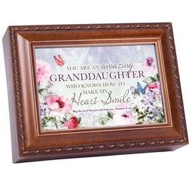 Cottage Garden Granddaughter My Heart Smile Woodgrain Rope Trim Music Box Plays Amazing Grace