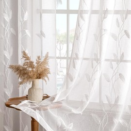MIULEE Voile Curtains with Eyelets for the Living Room, Elegant Transparent Curtains with Beautiful Leaf Pattern and Embroidery, Set of 2, Perfect for Modern Bedrooms, Size H 160 x W 140 cm, White