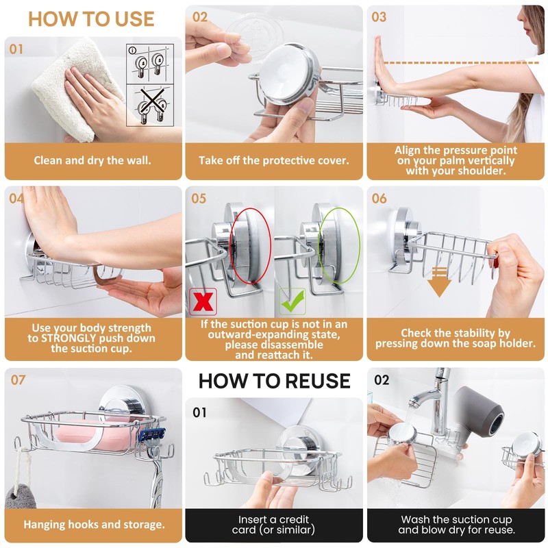 LEVERLOC Bar Soap Holder with 4 Hooks, Wall Mounted Soap