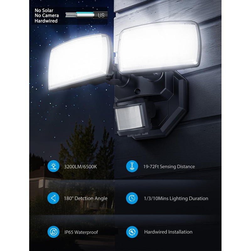 Onforu 32W 2 Head Motion Sensor Outdoor Lights, 3200LM 6500K