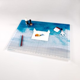 GLASSBOARD STUDIO Glass Craft Mat - Magnetic, Heat & Scratch Resistant - For Crafting, Cutting, Painting, Mixed Media Artwork - Grid Lines, Non-Slip Rubber Feet (Oceanside 13.5"L x 18"W)