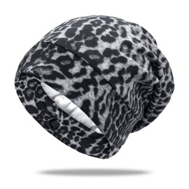 OLESILK Silk & Cotton Jersey Hat Lightweight and Soft Slouch Beanie Reversible Hat Knitted Hat Unisex Adjustable for Men and Women, Leopard 01
