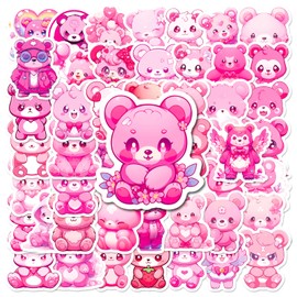 50 PCS Kawaii Kids Pink Bear Stickers and Decals, Pink Bear Stickers for Kids Teens Adults, Pink Bear Birthday Decorations Waterproof Vinyl Stickers for Water Bottle Laptop Luggage Guitar