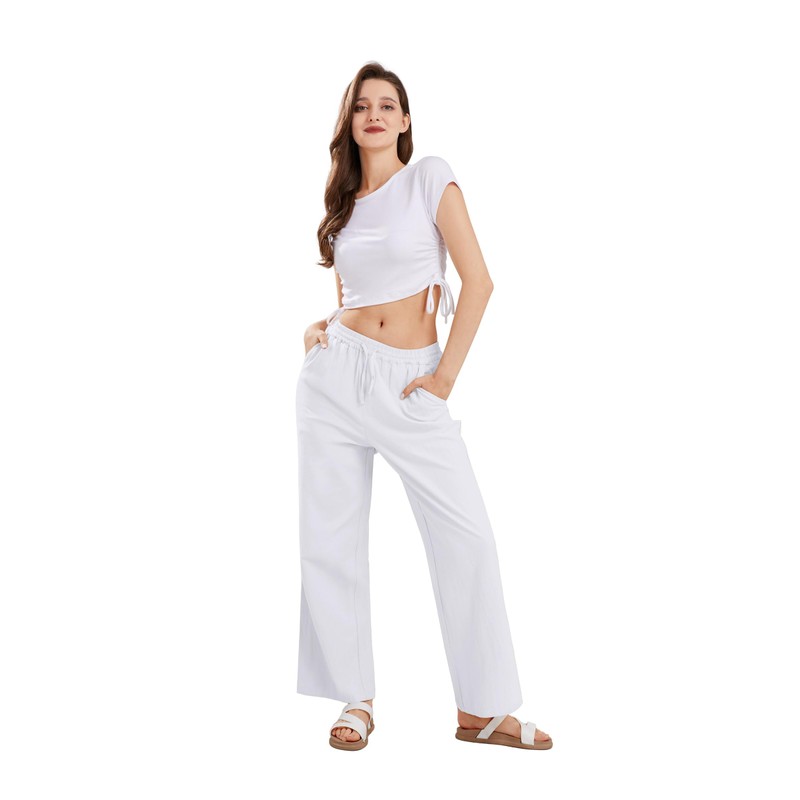 CHARTOU Women's Summer Drawstring Waist Wide Leg Loose Cotton Linen