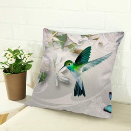 Nicokee Cotton Linen Pillow Covers Hummingbird Gathering Honey Green Blue Gray Throw Pillow Covers Cases for Couch Sofa Bed Home Decor 18 x 18 Inches