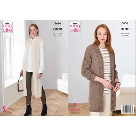 Knitting Pattern Ladies Long Cable Jacket and Long Cable Waistcoat in Forest Aran 5656 King Cole