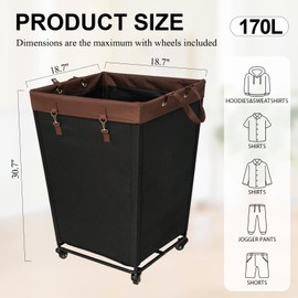 44 Gallons Laundry Basket with Wheels,Rolling Laundry Hamper，170L Extra Large Laundry Basket, Dirty Clothes Hamper with Removable Liner, Steel Frame with Lid, Black