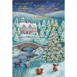 ICG Brother and Sister-in-Law Christmas Card - Countryside Cottage and Winter Woodland Animals - Artistic Festive Design - Special Finishes and Illustrated Insert Leaf - Made in the UK - Eco-Friendly