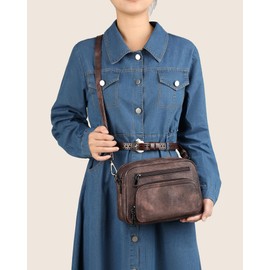 FADEON Crossbody Bags for Women Multi-pocket Leather Crossbody Purses, Designer Shoulder Bag Purse Removable Strap Brown