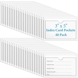 40 Pack 3" x 5" Index Card Pockets with Top Open Self-adhesive Index Card Holders Clear Plastic Labels Holders for Storage Bins, Organizing