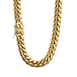 PY BLING Mens Heavy Miami Cuban Link Chain Choker 14k Gold Plated Hip Hop Thick Stainless Steel 8mm-16mm Necklace/Bracelet (10mm,18)