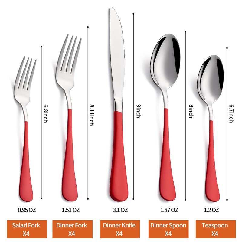 Lekoton 20 Piece Red 18/0 Flatware Utensil Set for 4,