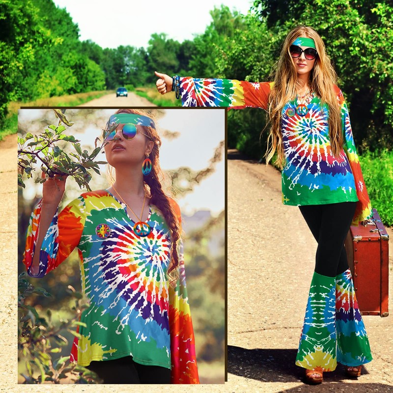 Jiuguva 17pcs 60s 70s Outfits for Women Hippie Costume Set