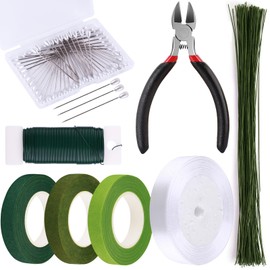 GLAMFIELDS Floral Tape and Floral Wire,Floral Arrangement Kit with Green Flower Tape for Bouquets,Boutonniere pin,White Ribbon, Wire Cutter for Bridal Bouquet kit, Wreath Making Supplies
