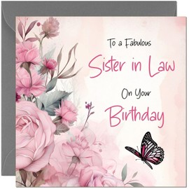 Lovely Sister in Law Birthday Card - Beautiful Butterfly & Floral Pink Rose Bday Card for Sister in Law