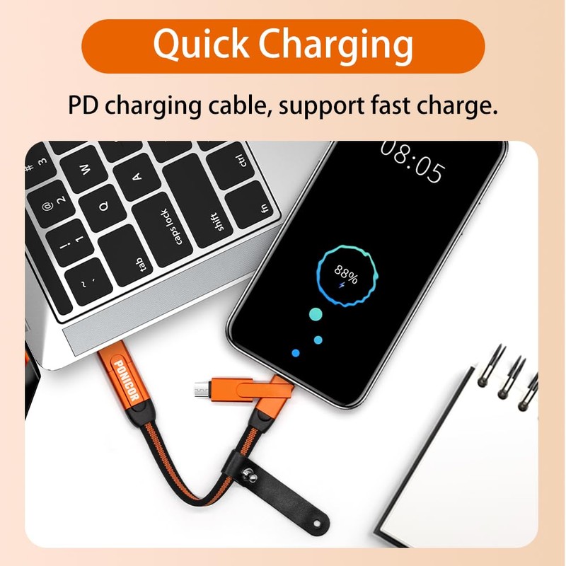 PONICOR 6 in 1 Short Keychain Multi Charging Cable 3A