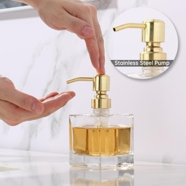 Ximlike Square Bathroom Soap Dispenser Brushed Gold, Glass Bottles with Stainless Steel Pump 8.4 OZ Cube Liquid Soap Dispenser Foaming Hand Soap Dispenser Kitchen