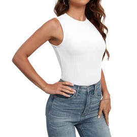 AUHEGN Womens Sleeveless Racerback High Neck Casual Basic Rayon Ribbed Fitted Tank Top White Large