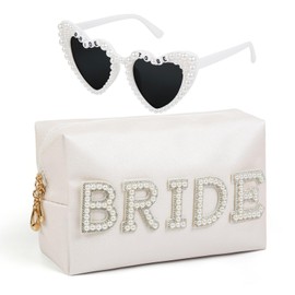 TEBIEKOY Bride To Be Gift Set - Bride Makeup Bag and Pearl Sunglasses, Bling Pearl Patch Cosmetic Bag Heart Sunglasses, Waterproof PU Travel Toiletry Bag Bride Sunglasses for Engagement Party