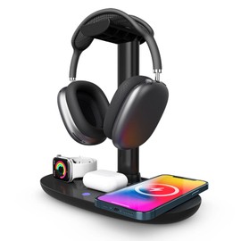 Headphone Stand with Wireless Charger, 15W Fast Charging QI Wireless Charging Pad Type C 4 in 1 Wireless Charging Station Dock Detachable Headset Holder for Gamer Desktop Table Gaming Earphones